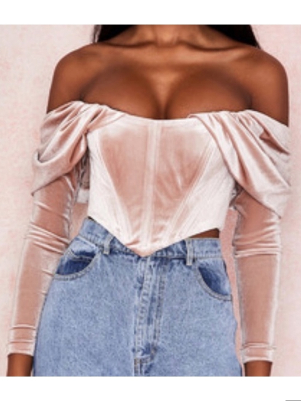 House Of CB Velvet Corset Top, Long Sleeve, Off Shoulder, Small, Pink